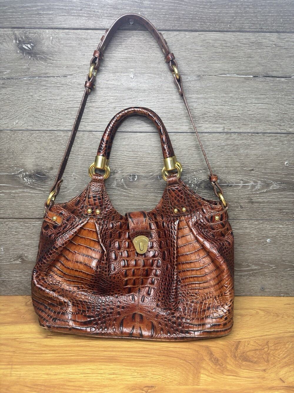 Brahmin Elisa Hobo Pecan Melbourne Brown Croc Embossed Leather Satchel Bag
